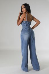 Wide Leg Denim Jumpsuit Sexy Women Spaghetti Strp Elegant Bell Bottom Jeans Casual Romper Overalls