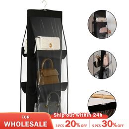 Black Handbag Hanging Organiser With 6 Pockets Foldable Oxford Cloth Handbag Storage Bag For Family Closet Bedroom