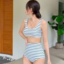 Striped Printed Scoop Neck High Waist Bikini Sets Swimsuit For Women Sporty Tank Top Two Pieces 2024 Beach Bathing Suit Swimwear