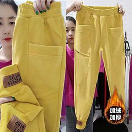 Women's Pants Winter Fleece Lined Jogger Women Vintage Big Pocket High Waist Sweatpants Plus Velvet Oversized Harem Pantalones Size