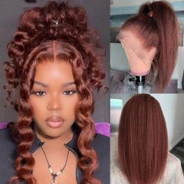 Reddish Brown Kinky Straight Human Hair Wig 13x6 HD Lace Front Wigs Pre Plucked Raw Indian Yaki Straight Brown Lace Frontal 180%