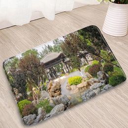 Bath Mats Chinese Garden Scenery Bathroom Mat Forest Green Plants Tree Stone Bridge Entrance Non-Slip Doormats Kitchen Bedroom Decor Rugs