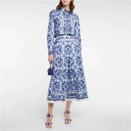 Duas peças Vestido de verão Poplinamento feminino Majólica Print Skirt Conjunto de lapela de lapela Single Basted Circada Camisa alta Aline