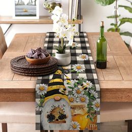 Christmas Gnome Flower Bee Linen Table Runners Table Decor Reusable Farmhouse Table Runners for Dining Table Holiday Decorations