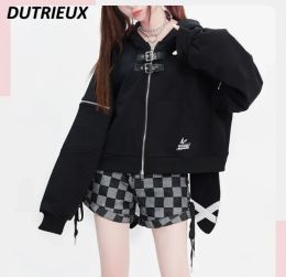 Black Short Loose Rabbit Ears Hooded Sweatshirt Women's Long Sleeve Spring and Autumn Zip Up Oversized Hoodie Coat Cardigan