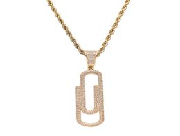 Pendant Necklaces Hip Hop Prong Setting CZ Stone Bling Out Solid Pin Paper Clip Pendants Necklace For Men Rapper Jewellery Gold Silv2081580