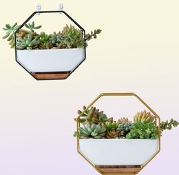 Hanging Succulent Flower Pots Ceramic Flowerpots Stand Holder Black Gold Iron Rack Bamboo Tray Desktop Geometric Cactus Planter Y24860791