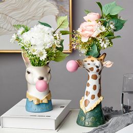 Creative Modern Animal Head Resin Succulent Vase FlowerPot Hand Painting Giraffe Zebra Panda Blowing Bubbles Animal Bust Figure