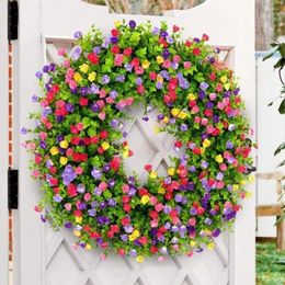 Decorative Flowers Spring Colourful Wreath Mixed Flower Wreaths 35cm Wildflower Garland Door For Front Outside Wall Window Decor 2024