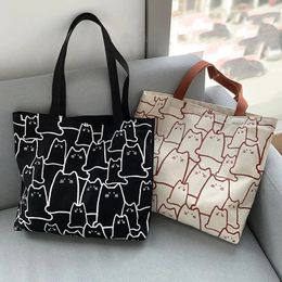 Canvas Bags Handbag for Women Shopper Cute Cat Tote Bag with Zipper Designer Japanese Style Cartoon Small Shoulder y240401