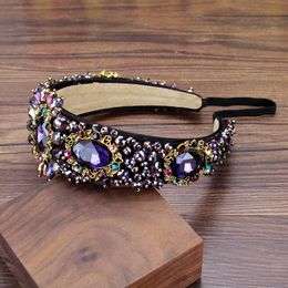 Wide Vintage Sparkly Purple Black Crystal Beaded Hairbands Flower Rhinestone Wedding Tiara Headbands For Bride Hair Jewellery