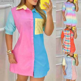 Basic Casual Dresses Front Pocket Design Colorblock Shirt Dress Casual Short Slve Button Front Pocket Design Colorblock Shirt Dress T240412