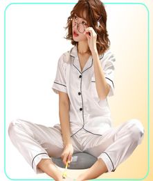 Short Sleeve Silk Pajamas Spring Women Summer Pajama Sets Silk Pijama Sleepwear Pyjamas Plus Size 3XL 4XL 5XL 85kg Nightwear Set Y3962928