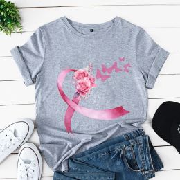 Breast Cancer Fight T-shirt Retro Butterfly Graphic T Shirts Ulzzang Hip Hop Streetwear Grunge 2000s Cltohes for Women Y2k Tops