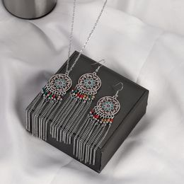 Bohemia Long Chain Tassel Earring Necklace for Women Ethnic Round Enamel Flowers Aesthetic Jewelry Set Girls Jhumka Gift