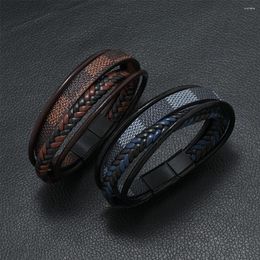 Bangle Men's Alloy Magnetic Buckle Multi Layer Leather Striped Woven Bracelet Jewellery