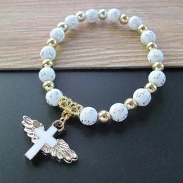 Charm Bracelets 10pcs Baby Shower Baptism Collection Angel Bracelet And Ribbon Tied Gift Box Crucifix Wristchain Supplies