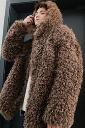 Autumn and Winter Thick Warm Oversized Jacket Men with Hood Zip Up Fluffy Loose Casual Faux Lamb Fur Coat 2023 Clothing V73