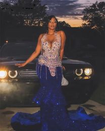 Sparkly Royal Blue Diamonds Mermaid Prom Sequins Bead Crystal Rhinestones Tassels Vestidos Birthday Party Dress