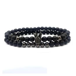 Beaded 6Mm Crown King Charm Strands Beads Bracelet Set For Men Women Black Natural Stone Elastic Adjustable Bangle Couple Jewellery Gi Dhqvo