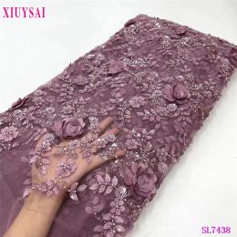 5 Yards Luxury African Heavy Beaded Lace Tulle Fabric 2023 French 3D Flower Embroidered Applique Fabric For Sewing Material