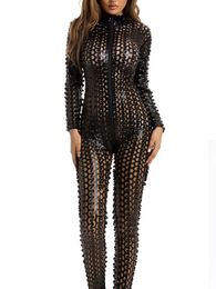 S-3XL Wet Look Hollow Out Hole Catsuit Long Sleeve Shiny Faux PU Leather Zipper Open Crotch Bodysuit Tight Sexy Leotard Jumpsuit
