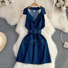 Casual Dresses Summer Women Retro Plaid Denim 2024 High Waist Sleeveless Single Breasted Jean Dress With Belt Female Streetwear