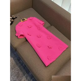 Basic Casual Dresses Spring Autumn Pink Solid Color 3D Flowers Panelled Dress Short Sleeve Round Neck O3G292658 Drop Delivery Apparel Otmi2