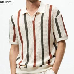 Men's Polos 2024 Summer Hollow Out Knit T Shirt Vintage Striped Print Knitted Polo Beach Casual Lapel Short Sleeve Tops Male