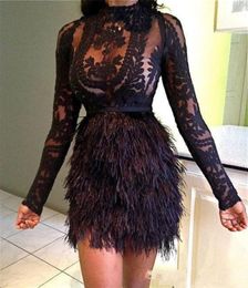 New Arrival Black Lace Sexy Short Further 2019 A line Cocktail Dresses High Collar Long sleeve Zipper Illusion Appliques Tulle Par6331666