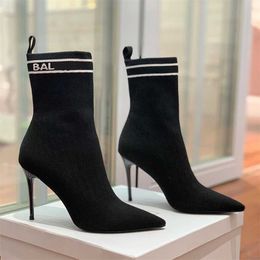 Sell Sock Boots Stiletto Ankle Booties Shoes Knitted Dress Shoes Fabric Letter High-heeled Shoes Mid-Calf Pull On Elastic Point-Toe Stiletto Luxury Designer Boot