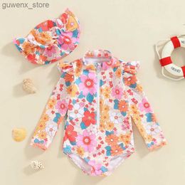 One-Pieces 2-7T Years Toddler Kids Summer Girls Swimwear Long Sleeve Floral Print O Neck Swimsuit Summer Beachwear Swimsuit + Hat Y240412