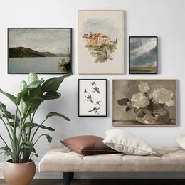 Vintage Gallery Wall Print Lake Cloud Landscape Flower Nordic PostersCanvas Paintings and Prints Living Room Home Decoration
