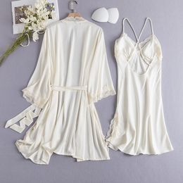 Bride 2PCS Robe Gown Set Summer Lace Sleepwear Nightgown Loungewear Women Satin Kimono Bathrobe Sleep Suit Lingerie