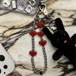 Silver Color Beads Strap Love Heart Mobile Pendant Cell Phone Rope Phone Charm TelePhone Accessories Chain for Woman Key Chain