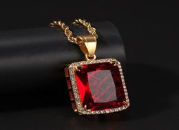 Gold Plated Mens Hip Hop Jewellery Blingbling Ruby Pendan Necklace European and American Style Crystal Hiphop Chain Necklaces1496099