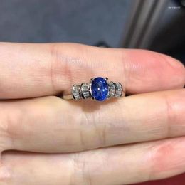 Cluster Rings Blue Sapphire Ring For Women Jewelry Real 925 Silver Oval Natural Gemstone Good Color Party Gift Birthstone 4x6mm Size