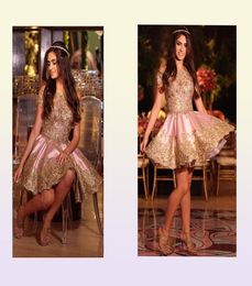 Rose Pink Princess Short Prom Dresses Bateau Neck Off Shoulder Gold Appliques Beaded Satin Short Cocktail Dresses Party Dresses8800460