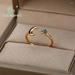 Cluster Rings Zircon Moon For Women Stainless Steel Star Adjustable Finger Ring Aesthetic Wedding Jewelry Gift