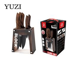 YUZI Kitchen Knives 6Pcs Set Stainless Steel Chef Knife Breading Knife Slicing Paring Tool Meat Cleaver Tools with Block6910516