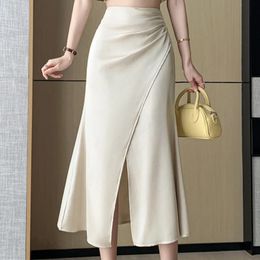 Seoulish Mid Skirts for Women Summer 2024 Chinese Style Satin Fishtail Skirt Pleated Retro Office Lady Casual Female 240402