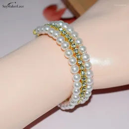 Bangle Fashion 3/5 Rows Pearls Rhinestone Multilayer Stretchable Bracelet Women Bridal Wedding Jewellery Party Accessries