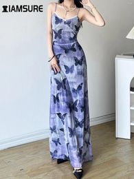 Casual Dresses IAMSURE Elegant Fashion Lace Trim Camis Dress Butterfly Printed V-Neck Sleeveless Maxi For Women 2024 Summer Lady