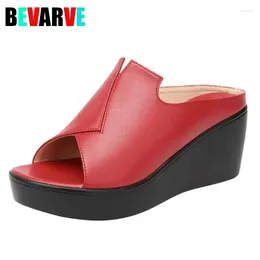 Slippers 2024 Women Slipper's Ladies Summer Shoes Wedges Heels Fashion Genuine Leather Platform