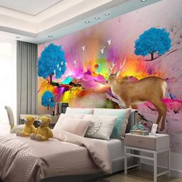 Custom 3D Murals Wallpaper Modern Nordic Aesthetic Aurora Forest Elk Fresco Living Room Bedroom Study Home Decor Papel De Parede