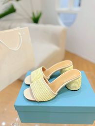 Designer slipper women half slippers new 100% leather thick heels metal slides woman shoe beach lazy sandals high heeled shoes large size 34-41 with box grass