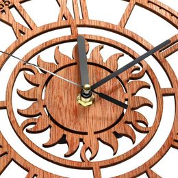 23cm Large Round Sun Shaped Vintage Roman Handmade Decorative Art Wooden Large Wall Clock On The Wall For Gift
