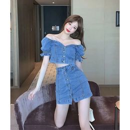 Internet Fried Street Small Fragrant Style Short Denim Coat Midi Skirt Set For Women Summer Sexy Jeans Skirts 2 Piece Suits 240412