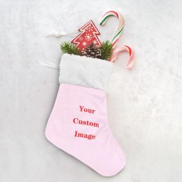 4Pcs Christmas Stockings Fabric Santa Claus Sock Gift Kids Candy Bag Snowman Deer Pocket XmasTree Ornament New Year Custom image
