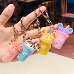 Funny Boba Tea Cup Keychain Straw Mini Milk Bottle Keyring Cute Bag Purse Ornaments Car Trinket Key Ring Pendant Accessorie